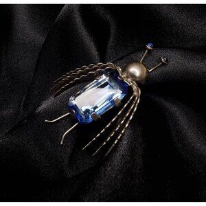 Vintage Sterling Silver Bug Brooch With Blue Glass Gemstone Body & Antenna